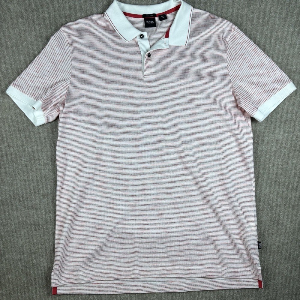 Hugo Boss Regular Fit Polo Shirt Men's Large Red White Striped Short Sleeve